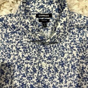 Express Men’s White Button-Down Shirt with Blue Floral Print - Large